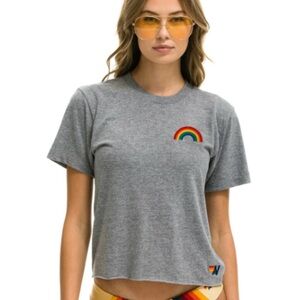 Aviator Nation Embroidery Rainbow Cropped Boyfriends Tee - Heather Grey